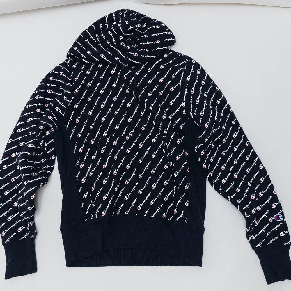 Champion Reverse Weave All-Over Logo Hoodie Navy Size Small